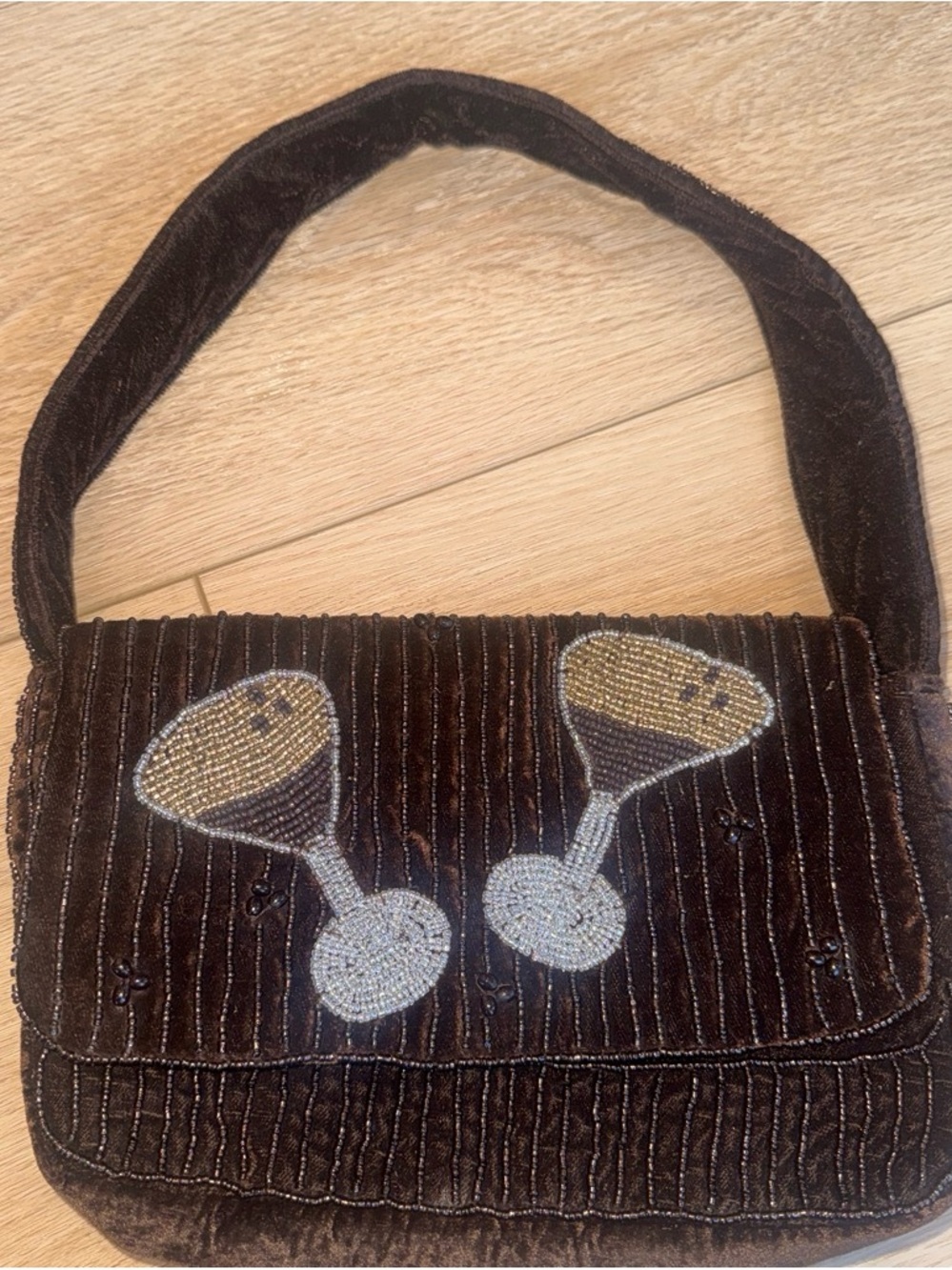 a new day Brown Velvet Shoulder Bag with Beaded Cocktail Motif